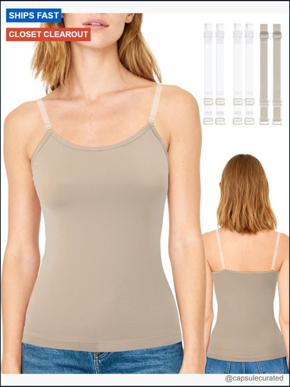 Seamless Camisole Tank Top, Spaghetti Strap with Clear Straps